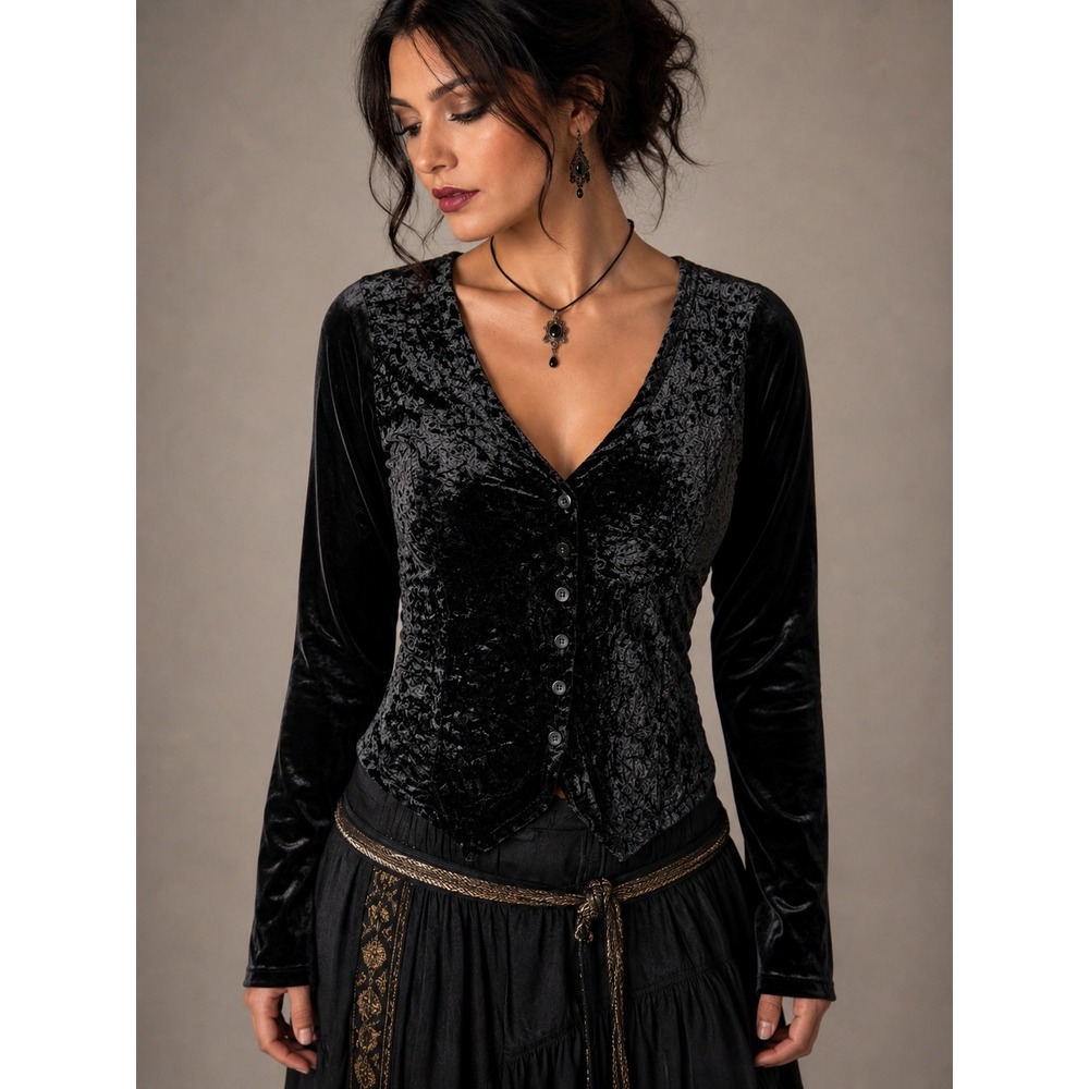 Black Crushed Velvet Button Top Goth Whimsigoth 90s Grunge Medium